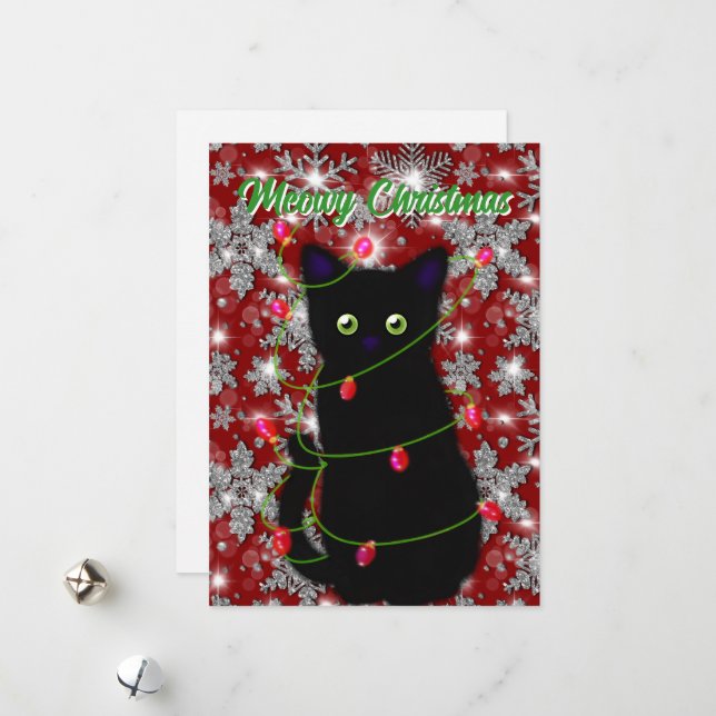 Cute black cat Meowy Christmas Holiday Card (Front/Back In Situ)