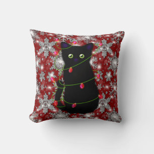 Cute black cat Meowy Christmas sparkling snowflake Cushion