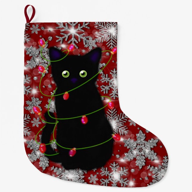 Cute black cat Meowy Christmas sparkling snowflake Large Christmas Stocking (Front)