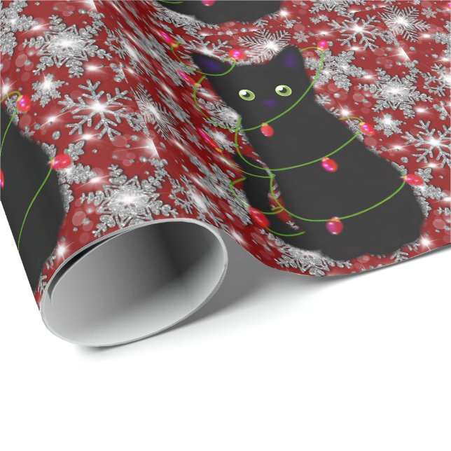 Cute black cat Meowy Christmas sparkling snowflake Wrapping Paper (Roll Corner)