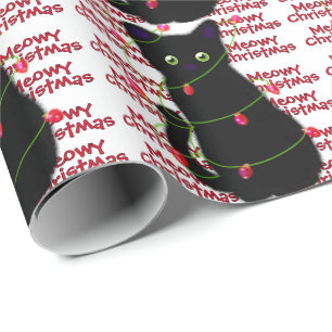Cute Black cat Meowy Christmas twinkle lights  Wrapping Paper
