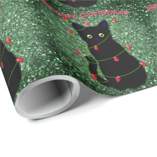 Cute Black cat Meowy Christmas twinkle lights  Wrapping Paper