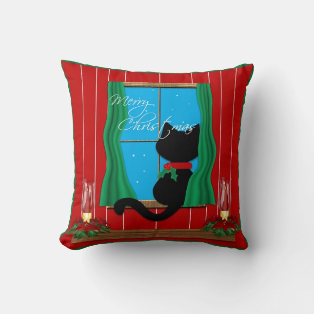 Cute Black Cat Merry Christmas Holiday Pillow (Front)