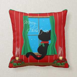 Cute Black Cat Merry Christmas Holiday Pillow
