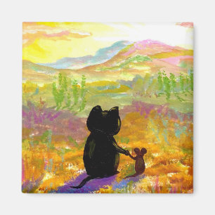 Cute Black Cat Mouse Sunrise Desert Creationarts Magnet