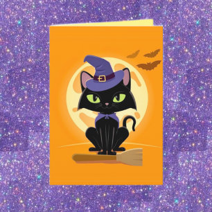 Cute Black Cat on broomHalloween Card