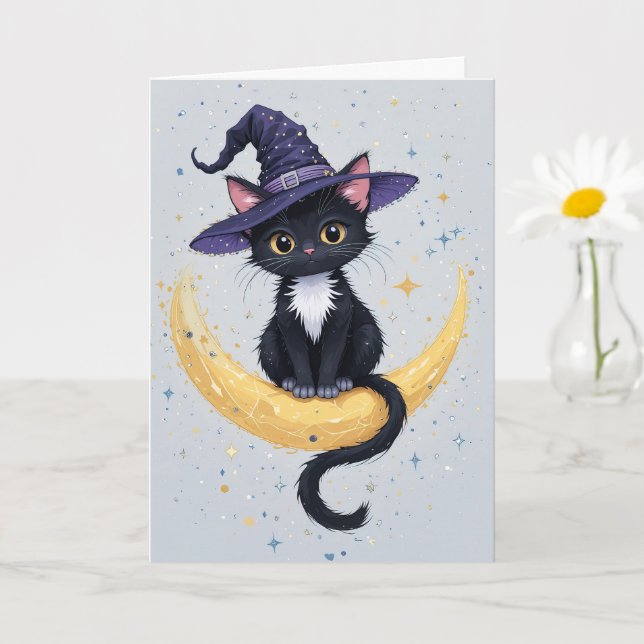 Cute Black Cat on Crescent Moon Halloween Greeting Card (Small Plant)