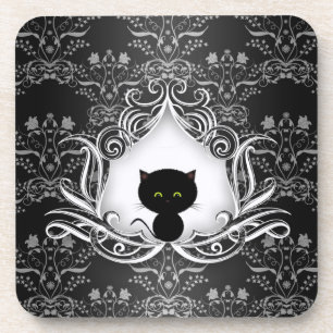 Cute Black Cat on Damask Coaster