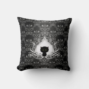 Cute Black Cat on Damask Cushion