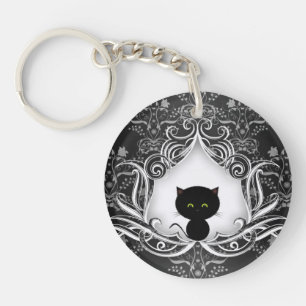 Cute Black Cat on Damask Key Ring