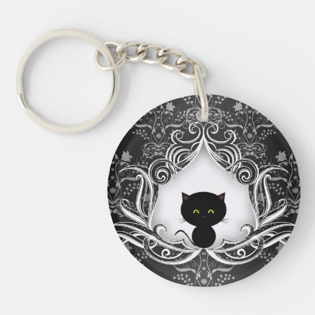 Cute Black Cat on Damask Key Ring (Front)