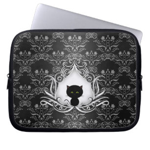 Cute Black Cat on Damask Laptop Sleeve