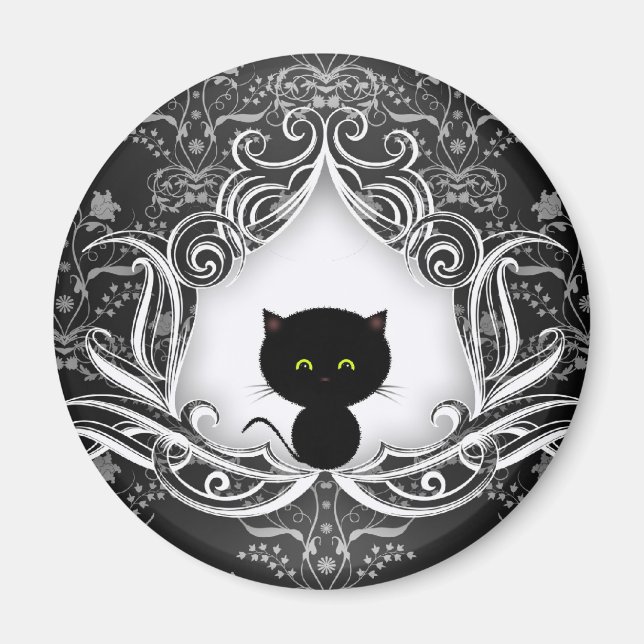 Cute Black Cat on Damask Magnet (Front)
