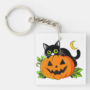Cute Black Cat on Halloween Jack-O'-Lantern Pumpki Key Ring