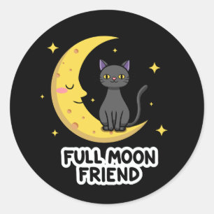 Cute Black Cat on Moon - Full Moon Friend Classic Round Sticker