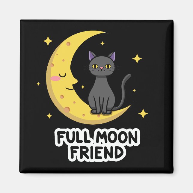 Cute Black Cat on Moon - Full Moon Friend Magnet (Front)
