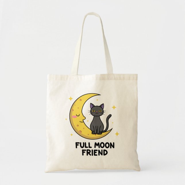 Cute Black Cat on Moon - Full Moon Friend Tote Bag (Front)