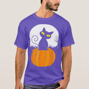 Cute Black Cat On Pumpkin Full Moon Funny Hallowee T-Shirt