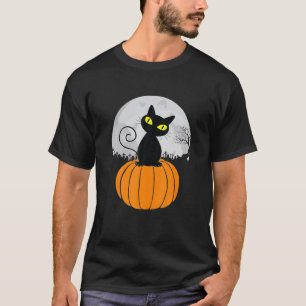 Cute Black Cat On Pumpkin Full Moon Halloween T-Shirt