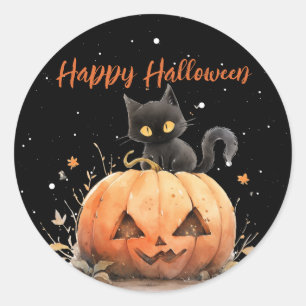 Cute Black Cat on Pumpkin Halloween Classic Round Sticker