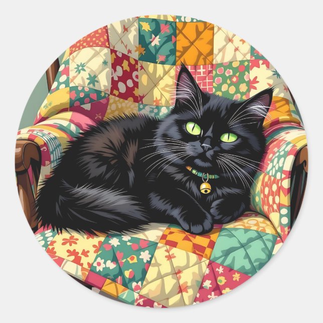 Cute Black Cat on Rocking Chair Classic Round Sticker (Front)