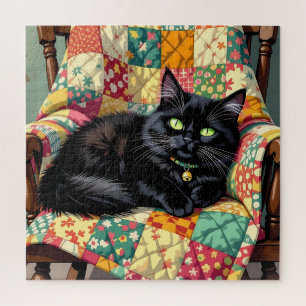 Cute Black Cat on Rocking Chair Jigsaw Puzzle