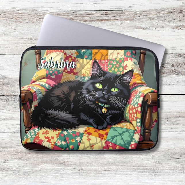 Cute Black Cat on Rocking Chair Personalised Laptop Sleeve (Creator Uploaded)