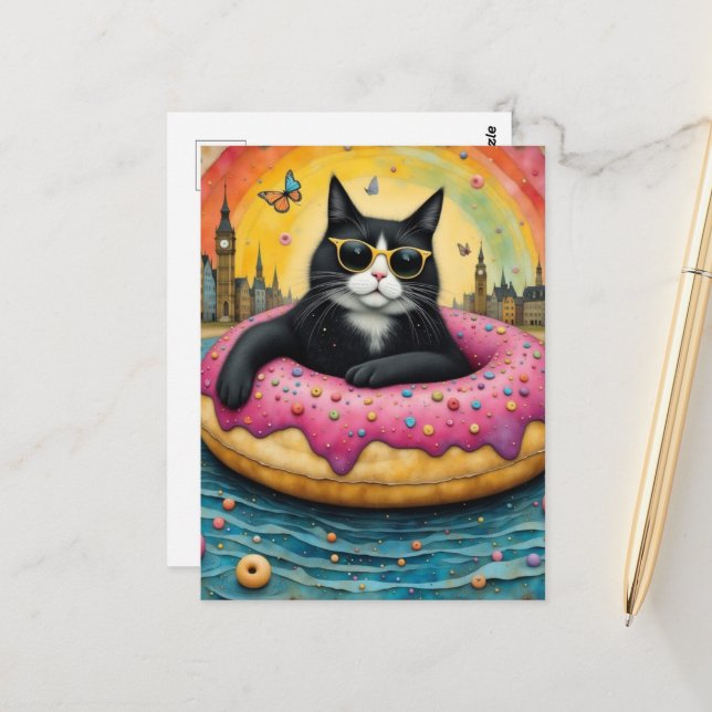Cute Black Cat on Vacation in a Floating Doughnut Postcard (Front/Back In Situ)