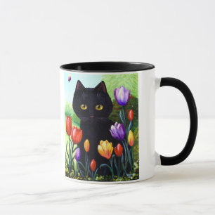 Cute Black Cat Original Art Tulips Creationarts Mug