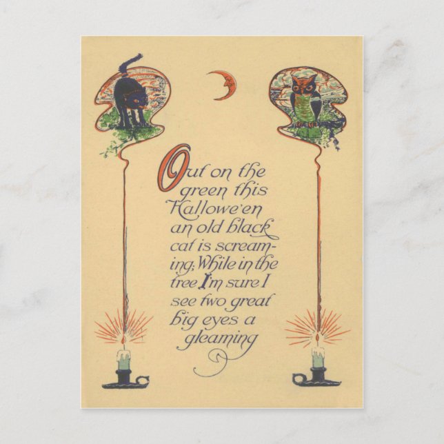 Cute Black Cat Owl Crescent Moon Candle Postcard (Front)