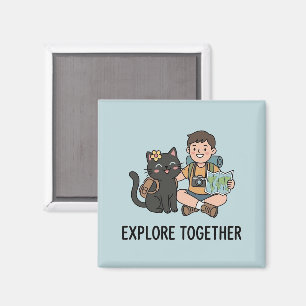 Cute Black Cat Owner Traveling Together Adventure Magnet