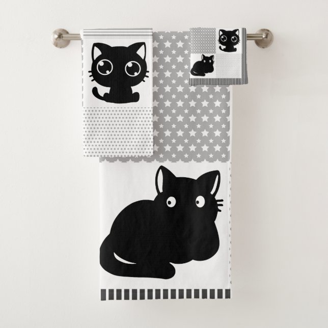 Cute Black Cat Pattern Bath Towel Set (Insitu)