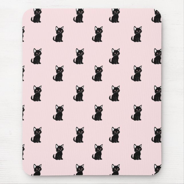 Cute Black Cat Pattern on Pastel Pink Mouse Mat (Front)