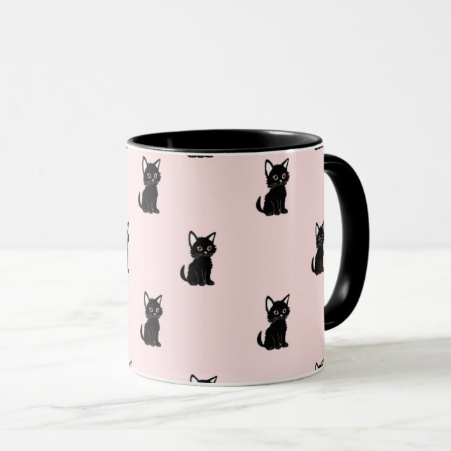 Cute Black Cat Pattern on Pastel Pink Mug (Front Right)