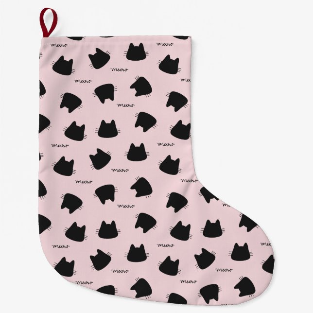 Cute Black Cat Pattern Pink Meow Kitty Large Christmas Stocking (Front)