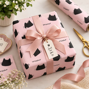 Cute Black Cat Pattern Pink Meow Kitty Wrapping Paper Sheet