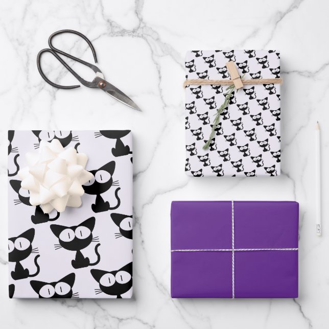 Cute Black Cat Pattern Whimsical Set Of Wrapping Paper Sheet (Front)