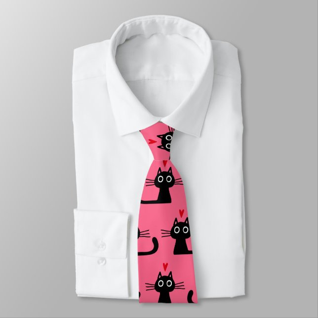 Cute Black Cat Patterned Valentine's Day Hearts Tie (Tied)
