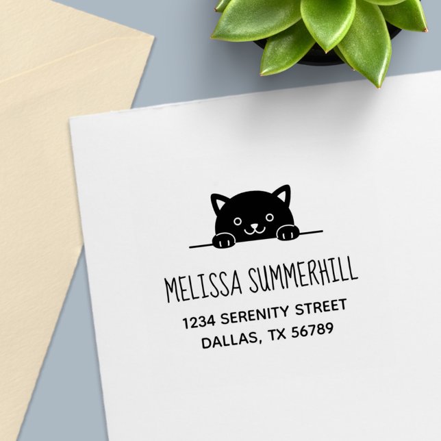 Cute Black Cat Peeking above Address Self-inking Stamp (Creator Uploaded)