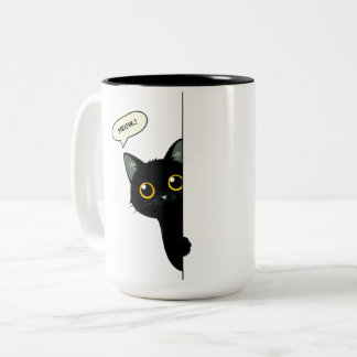 Cute Black Cat Peeking Around the Corner | Funny Two-Tone Coffee Mug