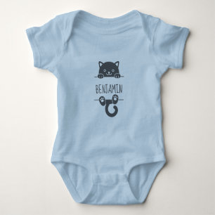 Cute Black Cat Peeking behind Custom Name Baby Bodysuit