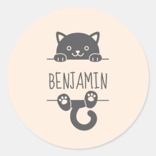 Cute Black Cat Peeking behind Custom Name Classic Round Sticker