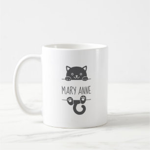 Cute Black Cat Peeking behind Custom Name Coffee Mug