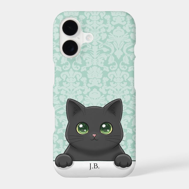 Cute Black Cat Peeking Kawaii Cartoon Mint Damask iPhone Case (Back)