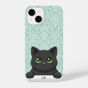 Cute Black Cat Peeking Kawaii Cartoon Mint Damask iPhone 14 Case