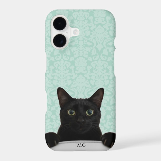 Cute Black Cat Peeking Mint Damask (Back)