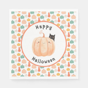 Cute Black Cat Peeking Over a Pumpkin Halloween Napkin