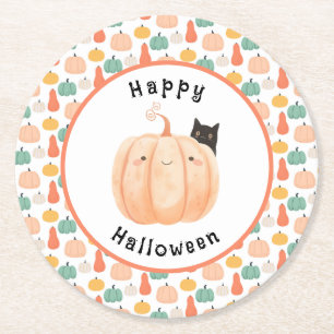 Cute Black Cat Peeking Over a Pumpkin Halloween Round Paper Coaster