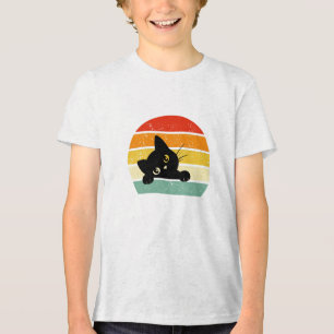 Cute Black Cat Peeking Retro Sunset Tri-Blend Shirt