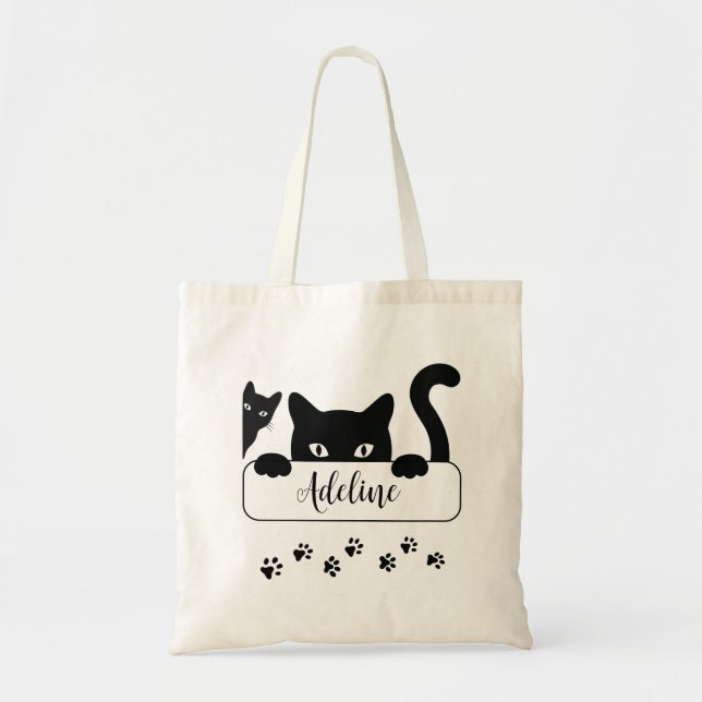 Cute Black Cat Peeking With Custom Name Tote Bag (Front)